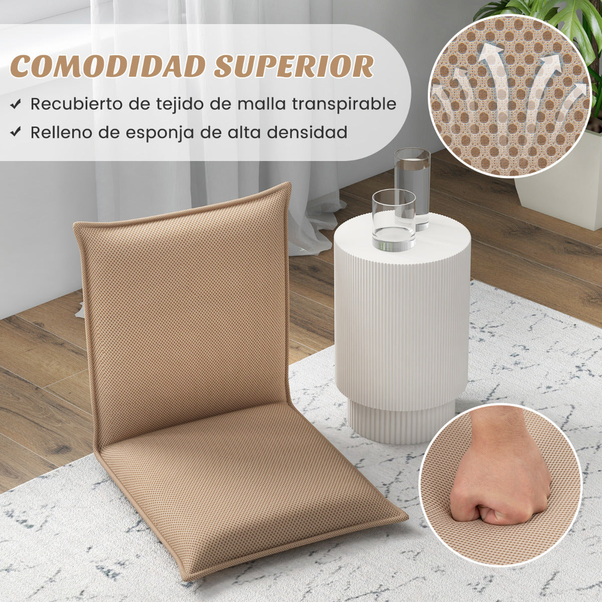 Silla a Ras de Suelo Sillón Reclinable Acolchado Regulable con Soporte Espalda Ideal para Leer Meditar Beige 98 x 47 x 7,5 cm