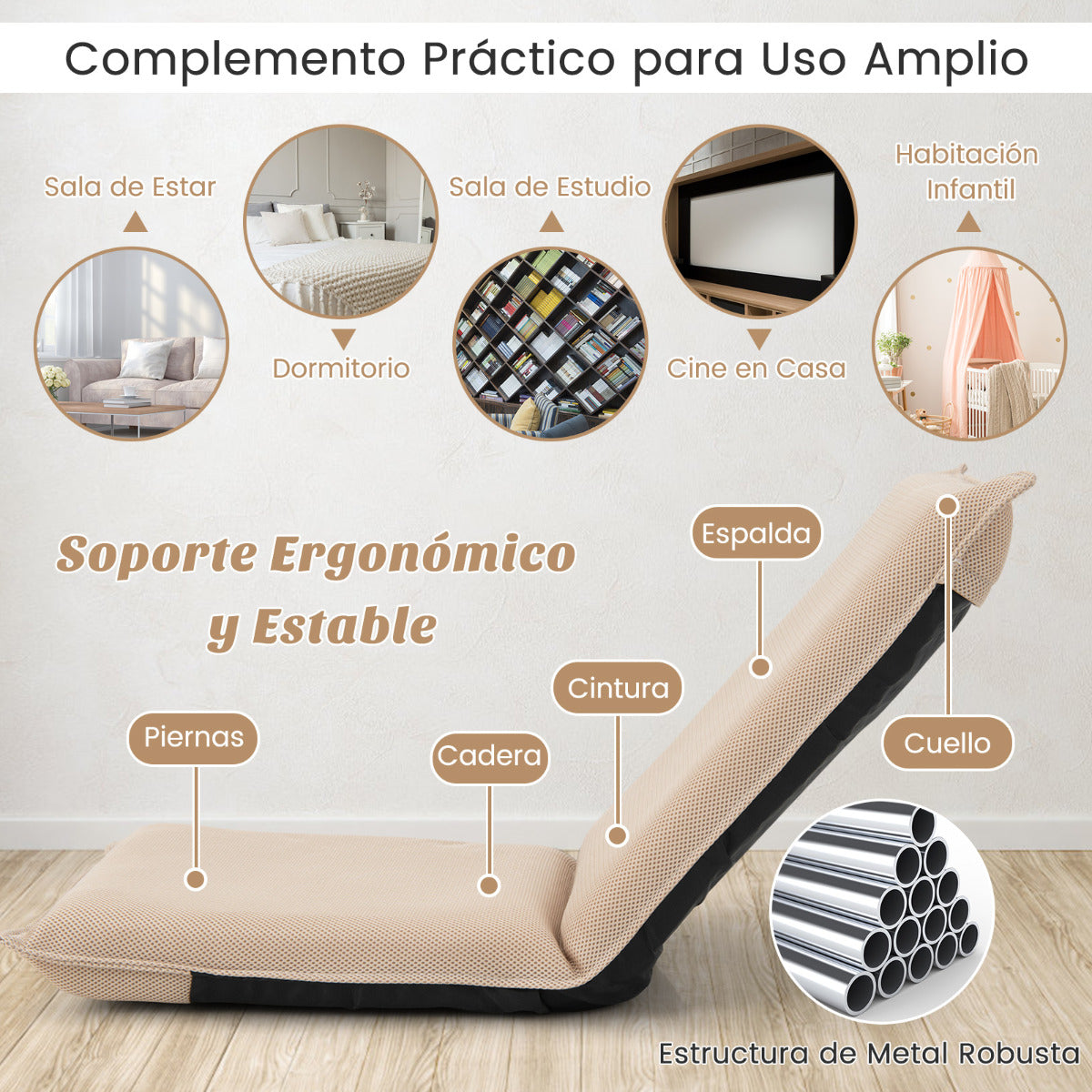 Silla a Ras de Suelo Sillón Reclinable Acolchado Regulable con Soporte Espalda Ideal para Leer Meditar Beige 98 x 47 x 7,5 cm