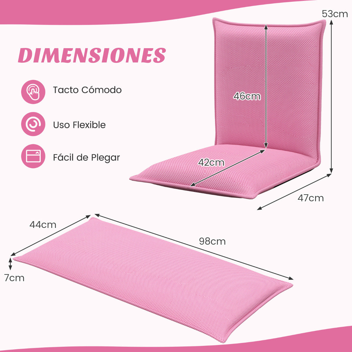 Silla a Ras de Suelo Sillón Reclinable Acolchado Regulable con Soporte Espalda Ideal para Leer Meditar Rosa 98 x 47 x 7,5 cm