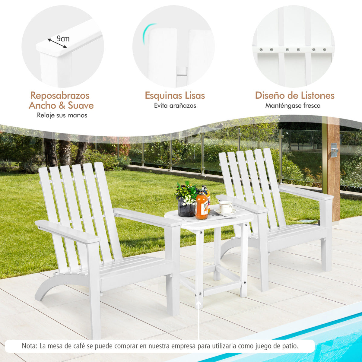 Silla Adirondack de Madera Acacia de Jardín Ergonómico con Apoyabrazos Sillón para Balcón Patio Piscina Terraza 69 x 73 x 85 cm Blanco