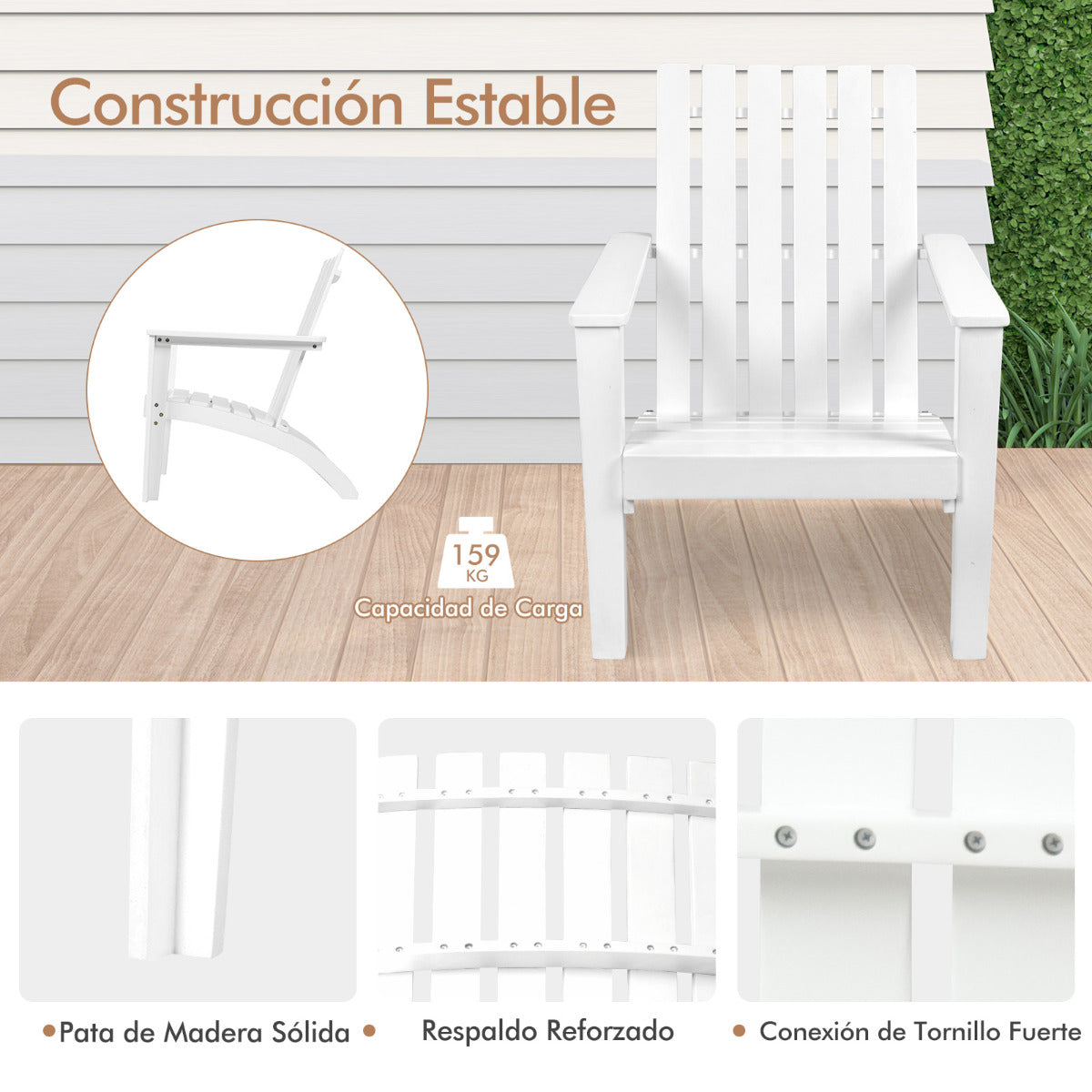 Silla Adirondack de Madera Acacia de Jardín Ergonómico con Apoyabrazos Sillón para Balcón Patio Piscina Terraza 69 x 73 x 85 cm Blanco