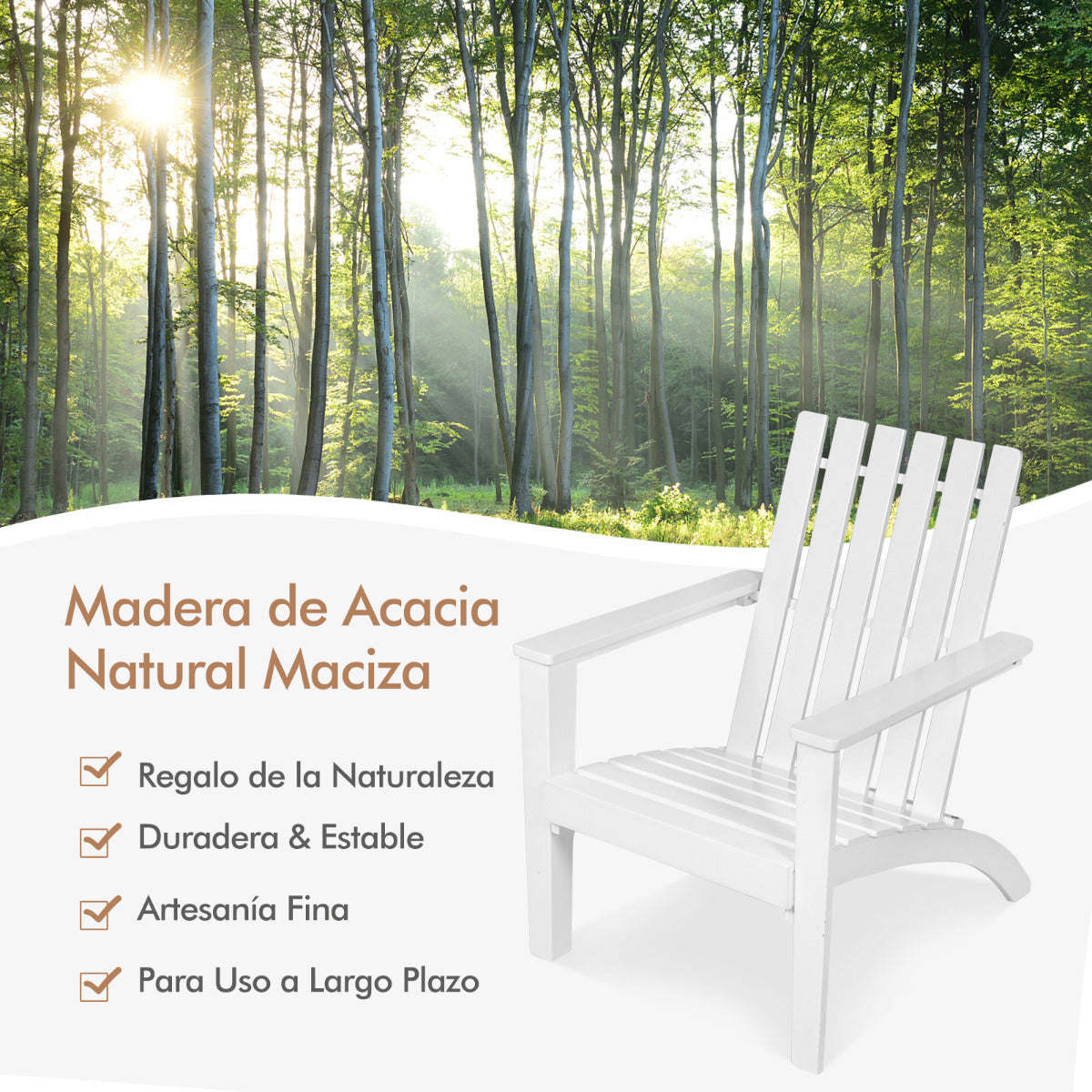 Silla Adirondack de Madera Acacia de Jardín Ergonómico con Apoyabrazos Sillón para Balcón Patio Piscina Terraza 69 x 73 x 85 cm Blanco