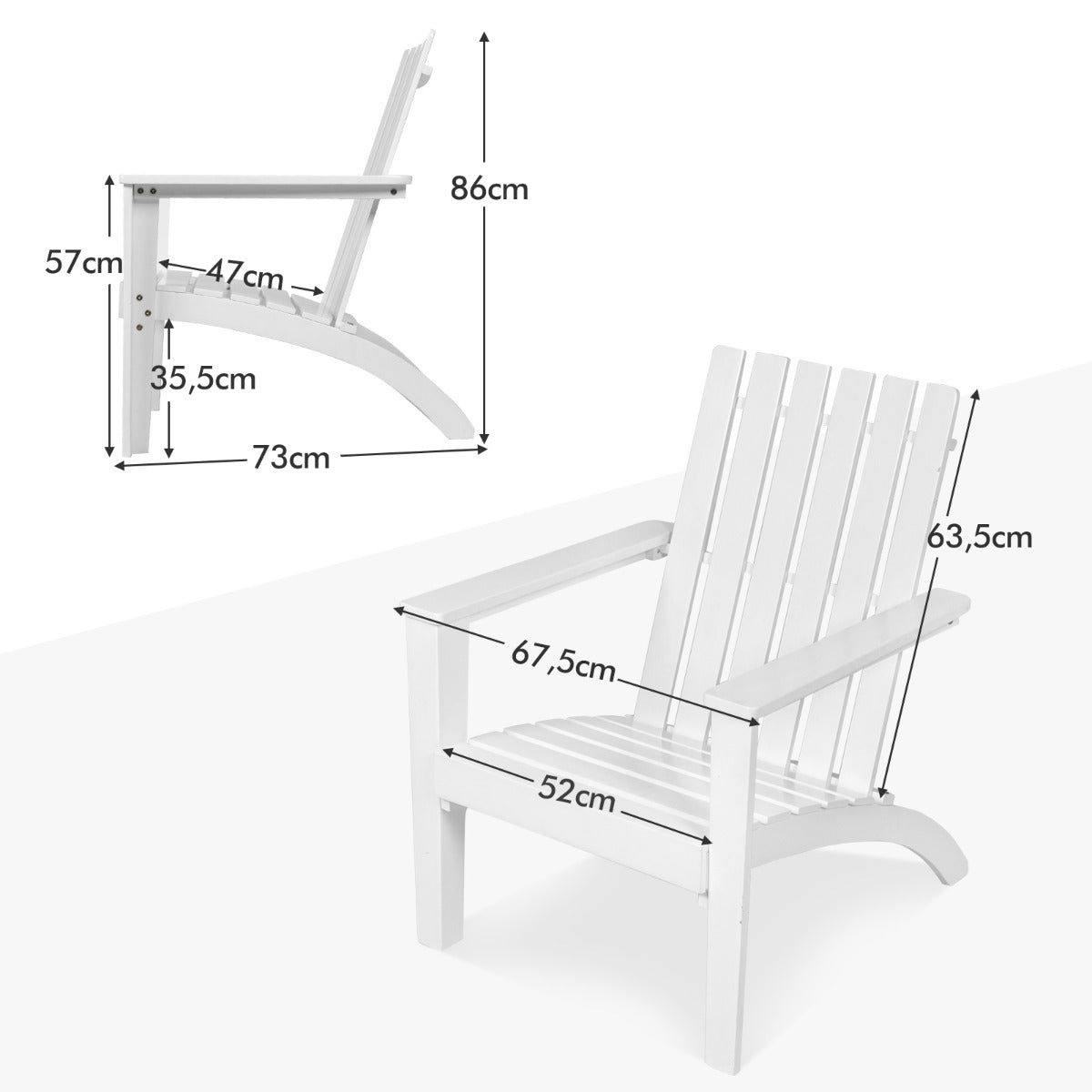 Silla Adirondack de Madera Acacia de Jardín Ergonómico con Apoyabrazos Sillón para Balcón Patio Piscina Terraza 69 x 73 x 85 cm Blanco