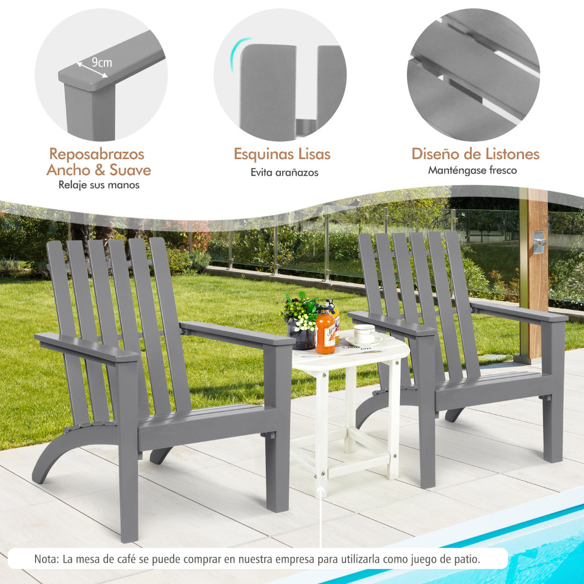 Silla Adirondack de Madera Acacia de Jardín Ergonómico con Apoyabrazos Sillón para Balcón Patio Piscina Terraza 69 x 73 x 85 cm Gris