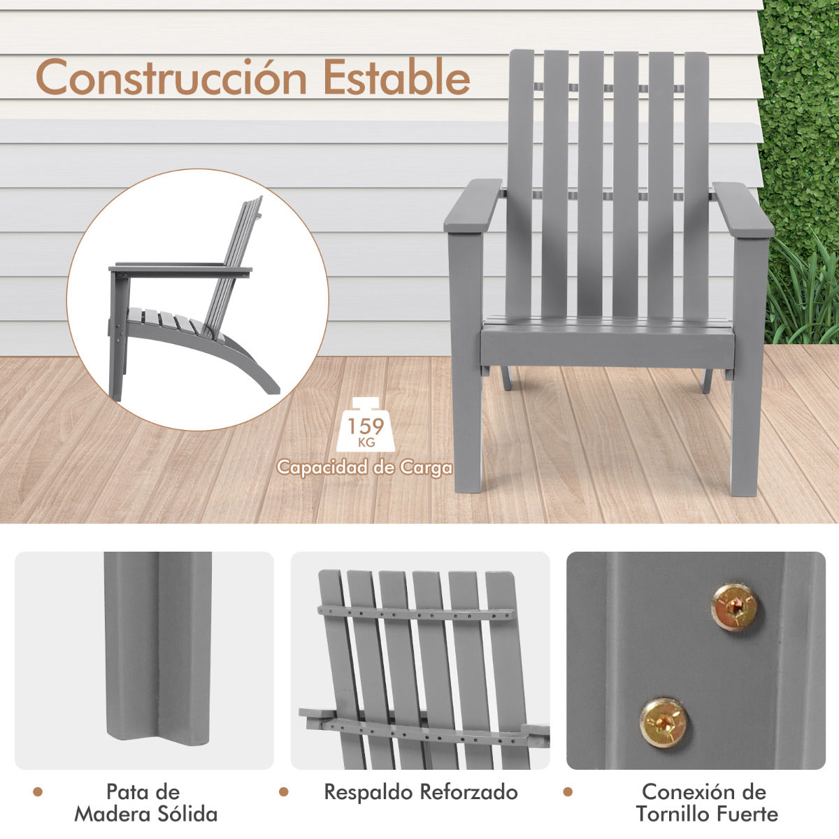 Silla Adirondack de Madera Acacia de Jardín Ergonómico con Apoyabrazos Sillón para Balcón Patio Piscina Terraza 69 x 73 x 85 cm Gris
