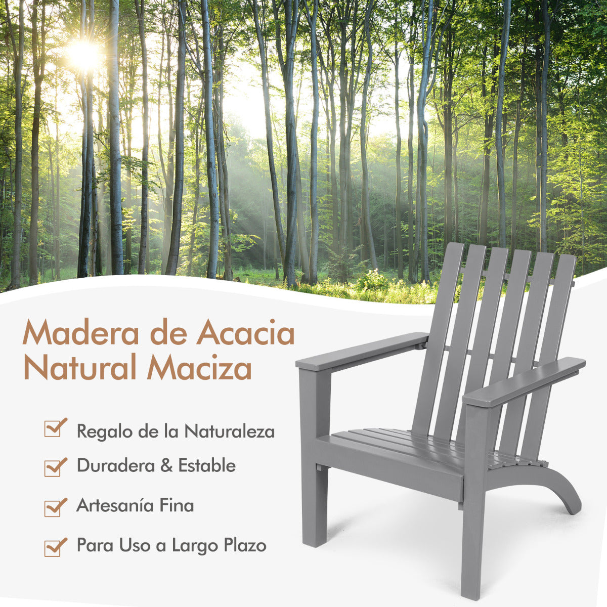 Silla Adirondack de Madera Acacia de Jardín Ergonómico con Apoyabrazos Sillón para Balcón Patio Piscina Terraza 69 x 73 x 85 cm Gris