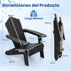 Silla Adirondack Plegable Silla de Gran Tamaño de Patio HIPS con Reposabrazos Anchos y Respaldo Inclinado para Exterior Césped Patio Negro