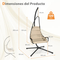Silla Colgante con Soporte Asiento Acolchado Estructura de Metal Resistente para Porche Patio Sala de Estar 105 x 101 x 203 cm Beige