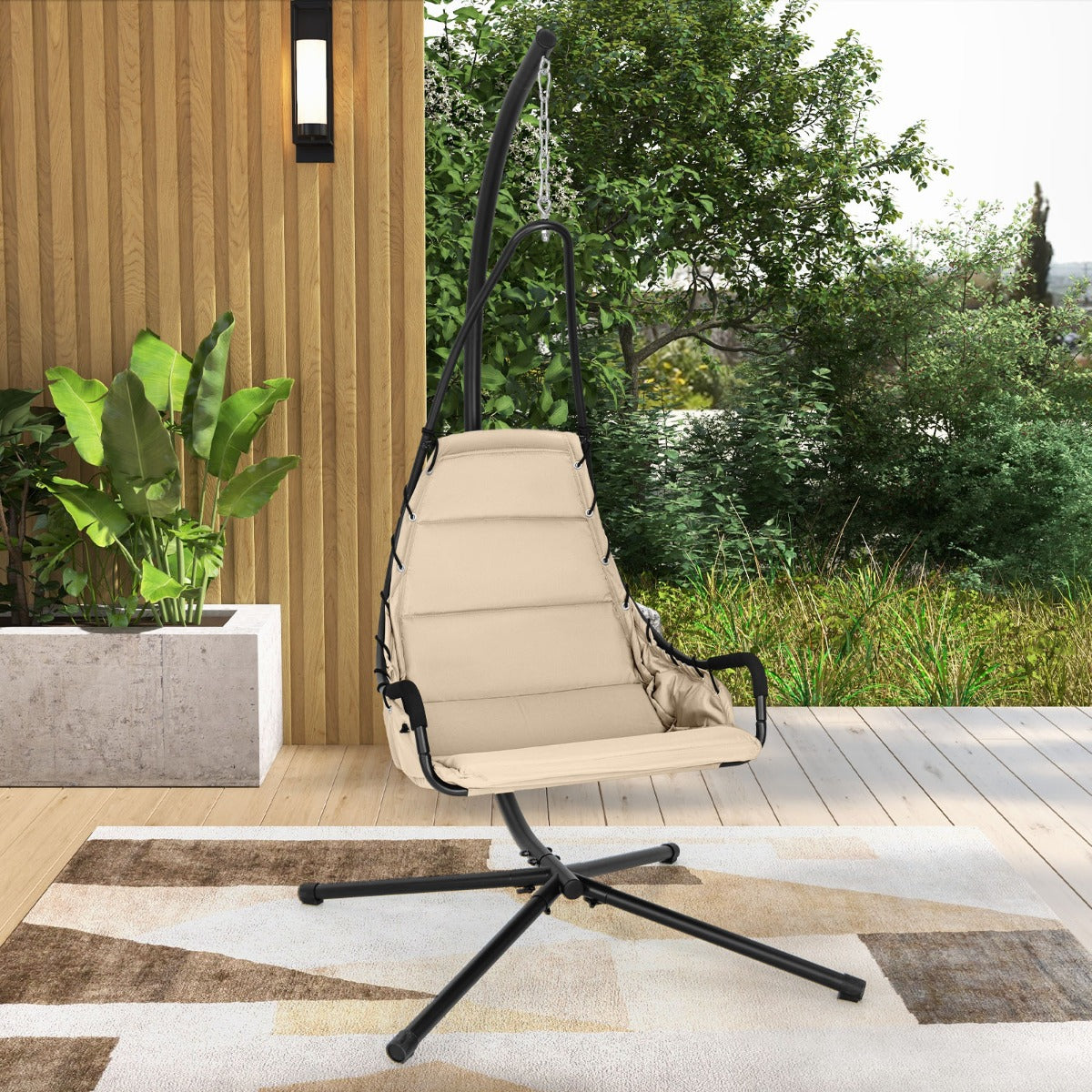 Silla Colgante con Soporte Asiento Acolchado Estructura de Metal Resistente para Porche Patio Sala de Estar 105 x 101 x 203 cm Beige
