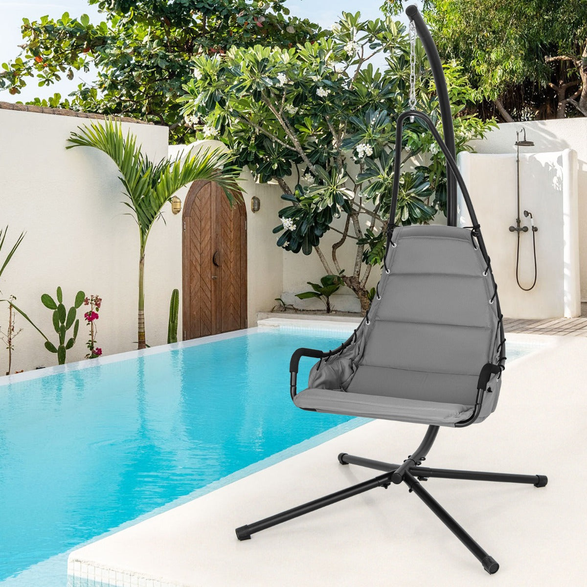 Silla Colgante con Soporte Asiento Acolchado Estructura de Metal Resistente para Porche Patio Sala de Estar 105 x 101 x 203 cm Gris