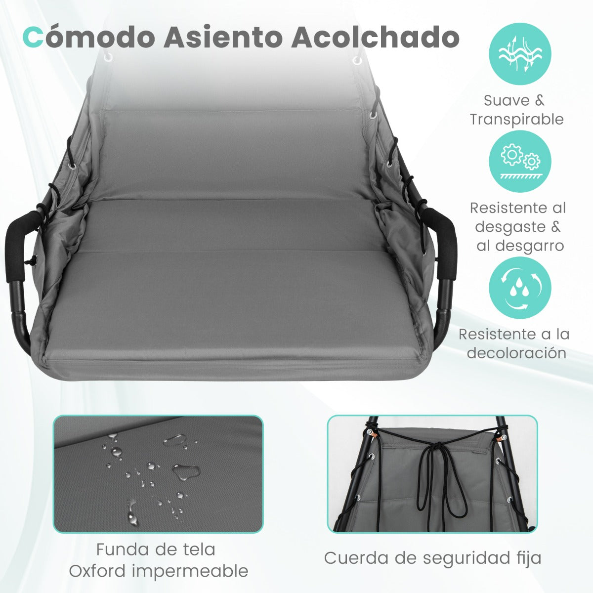 Silla Colgante con Soporte Asiento Acolchado Estructura de Metal Resistente para Porche Patio Sala de Estar 105 x 101 x 203 cm Gris