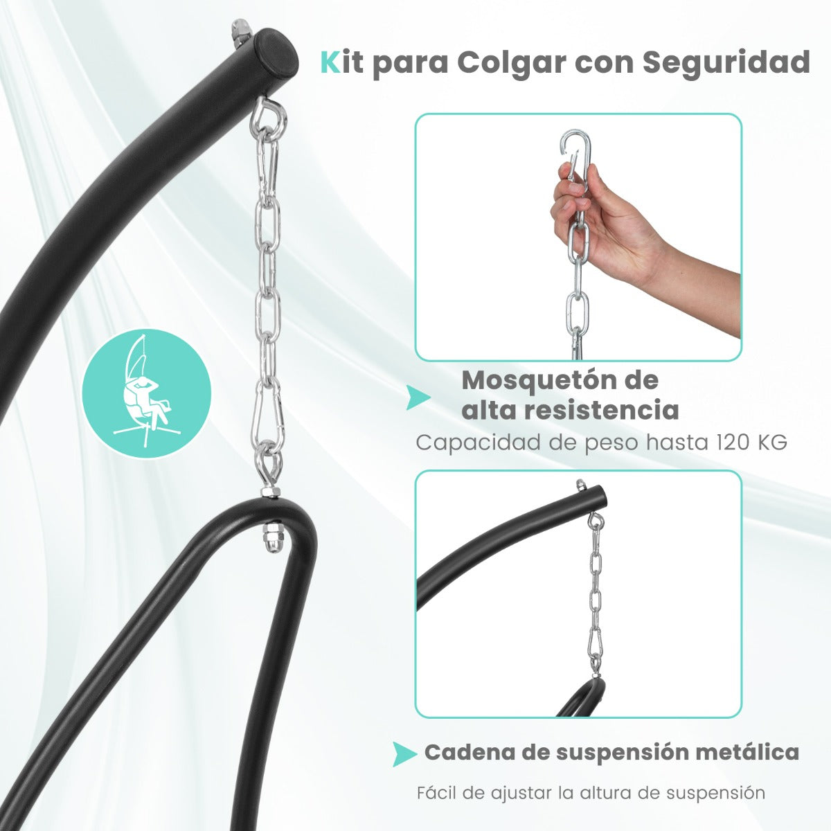Silla Colgante con Soporte Asiento Acolchado Estructura de Metal Resistente para Porche Patio Sala de Estar 105 x 101 x 203 cm Gris