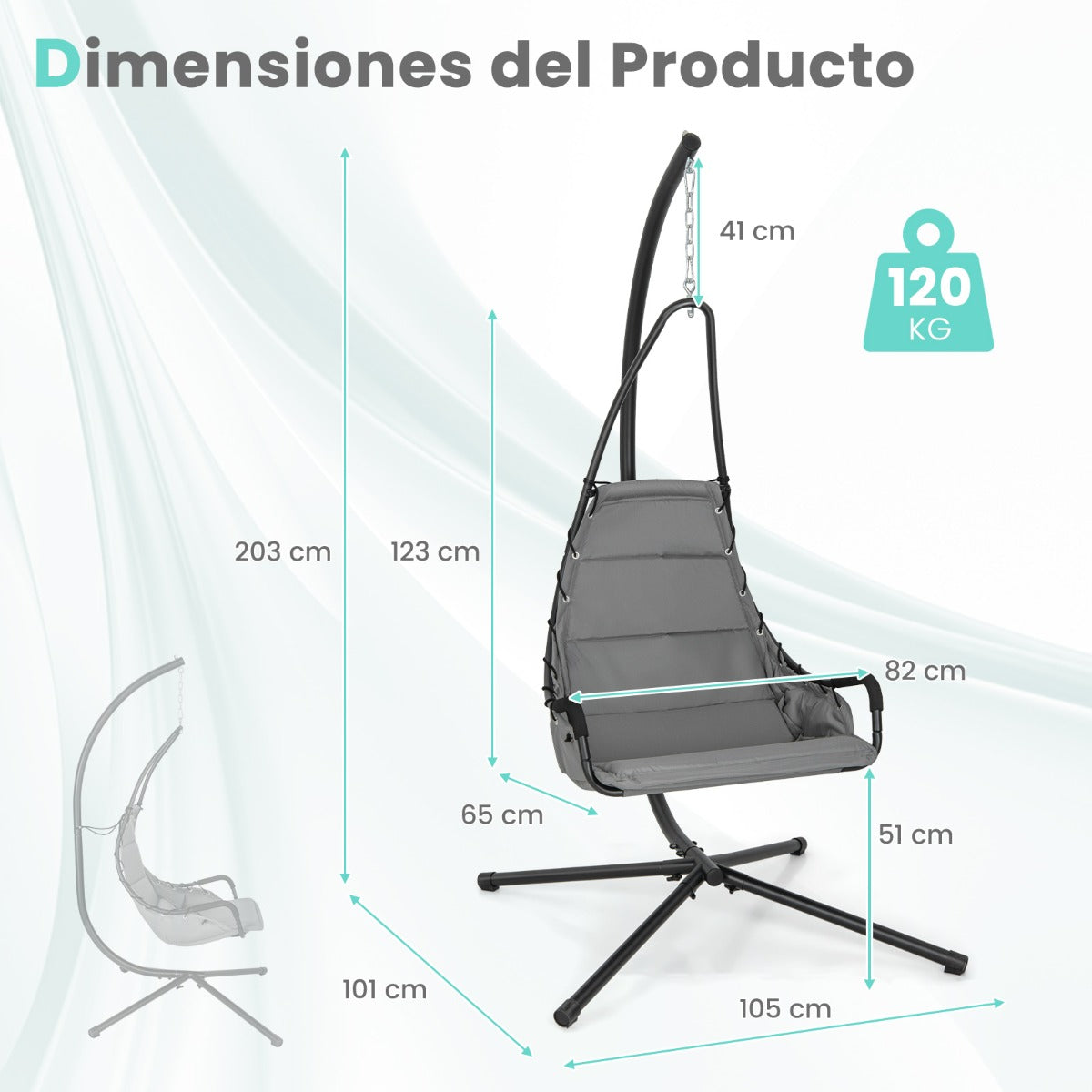 Silla Colgante con Soporte Asiento Acolchado Estructura de Metal Resistente para Porche Patio Sala de Estar 105 x 101 x 203 cm Gris