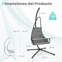 Silla Colgante con Soporte Asiento Acolchado Estructura de Metal Resistente para Porche Patio Sala de Estar 105 x 101 x 203 cm Gris