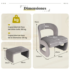 Juego de Silla y Otomana Tapizada de Terciopelo con Respaldo Curvo y Acolchado de Esponja Sillón de Lectura para Salón Dormitorio Gris