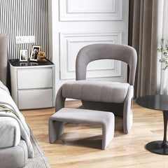 Juego de Silla y Otomana Tapizada de Terciopelo con Respaldo Curvo y Acolchado de Esponja Sillón de Lectura para Salón Dormitorio Gris