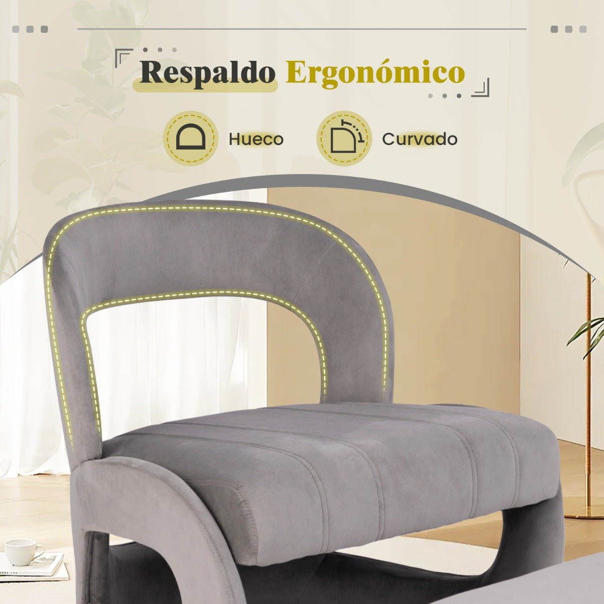 Juego de Silla y Otomana Tapizada de Terciopelo con Respaldo Curvo y Acolchado de Esponja Sillón de Lectura para Salón Dormitorio Gris