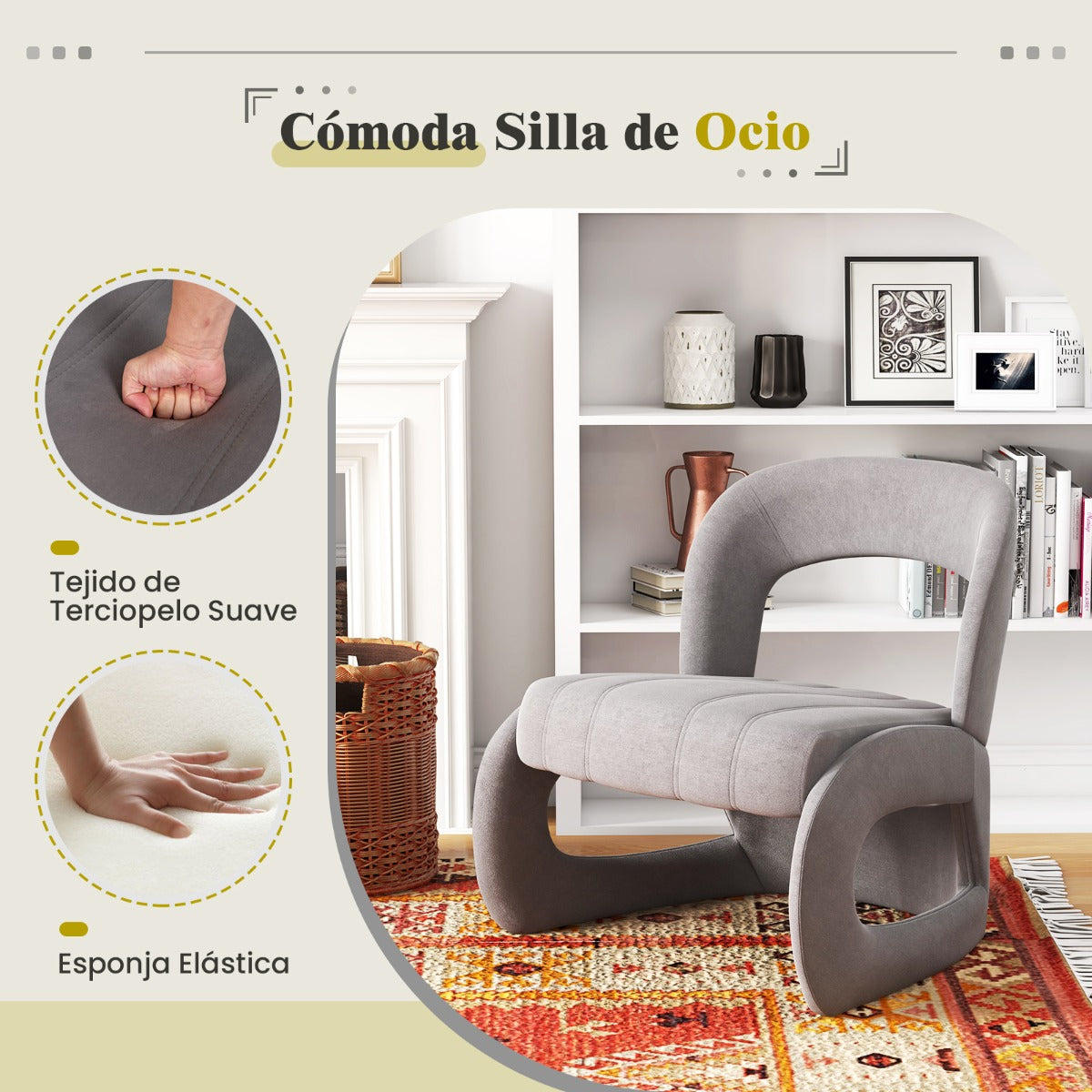 Juego de Silla y Otomana Tapizada de Terciopelo con Respaldo Curvo y Acolchado de Esponja Sillón de Lectura para Salón Dormitorio Gris