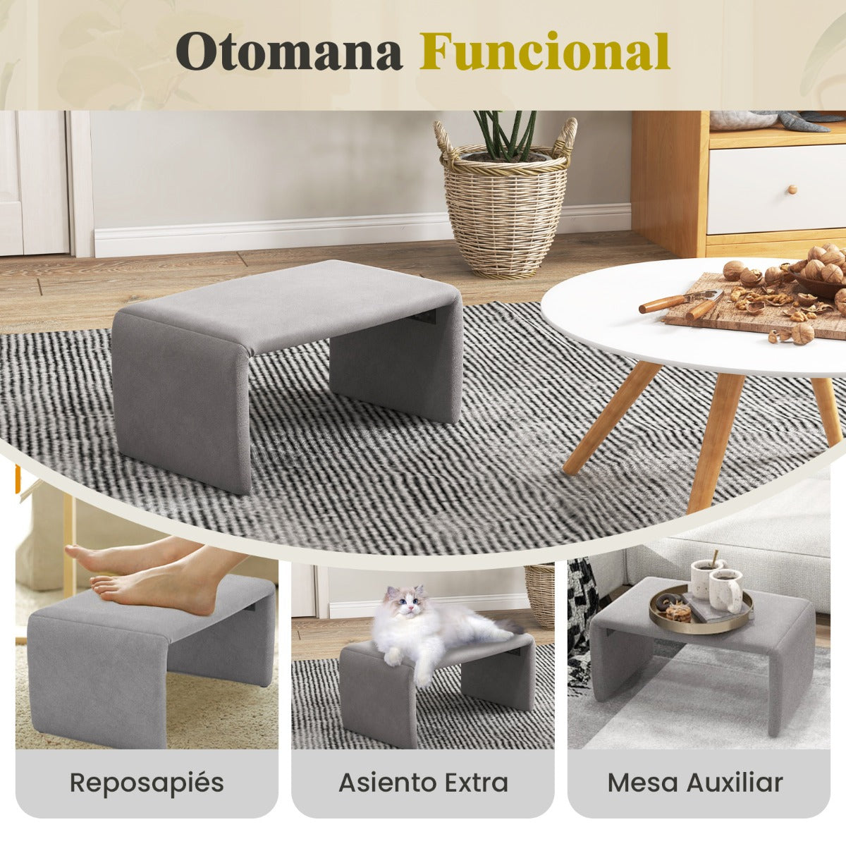 Juego de Silla y Otomana Tapizada de Terciopelo con Respaldo Curvo y Acolchado de Esponja Sillón de Lectura para Salón Dormitorio Gris