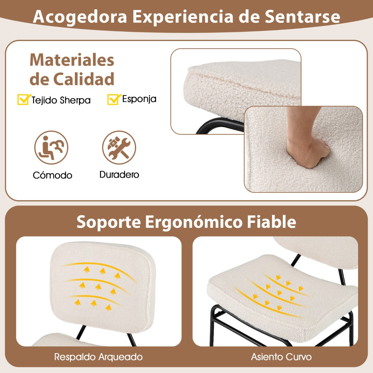 Silla de Acento Tapizada Silla de Lectura Sherpa Acolchado de Esponja Almohadillas Ajustables y Marco de Metal para Salón Dormitorio Blanco