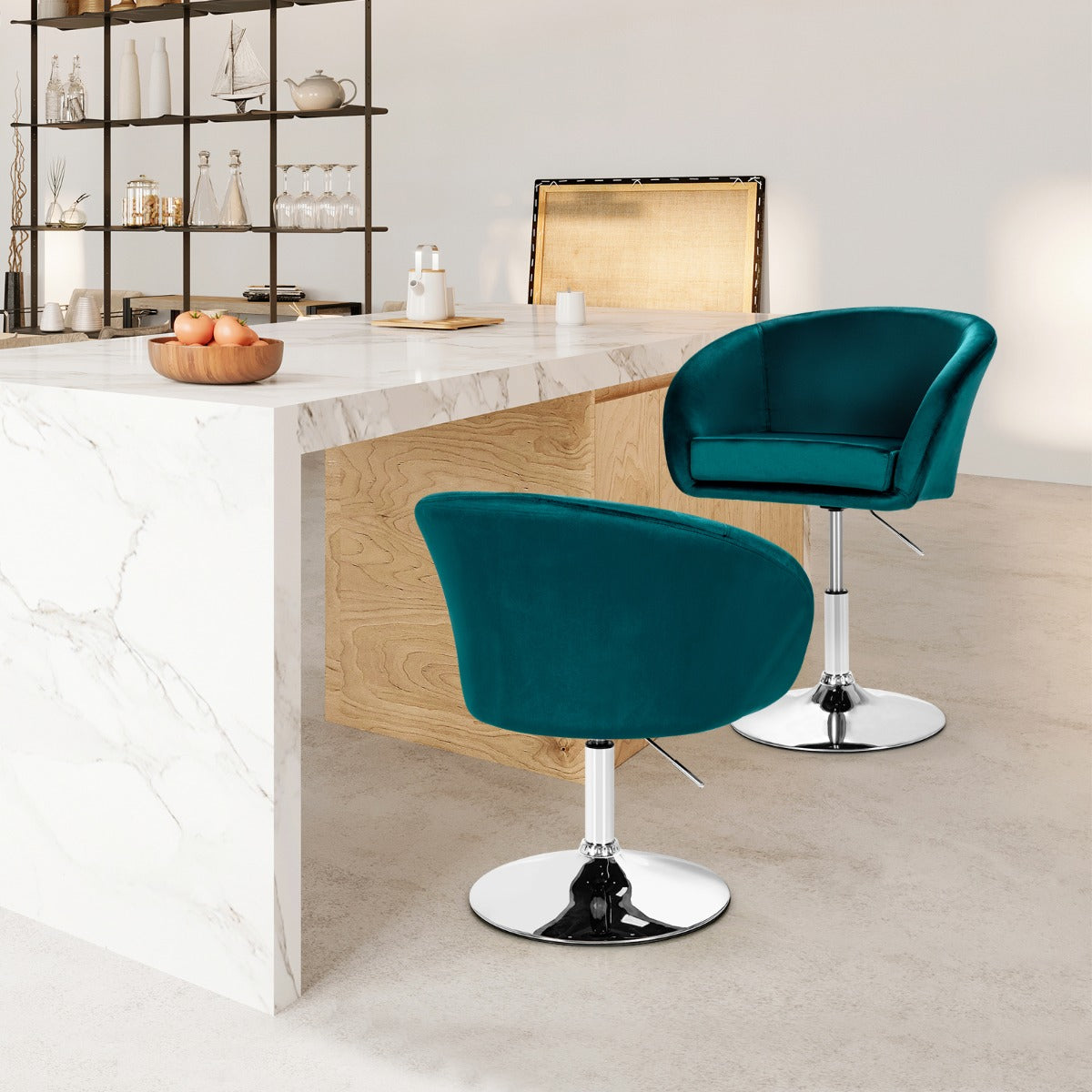 Silla de Bar de Terciopelo Giratoria Taburete de Ocio de Respaldo Ajustable en Altura con Esponja Elástica 61 x 52 x 72-86 cm-Verde