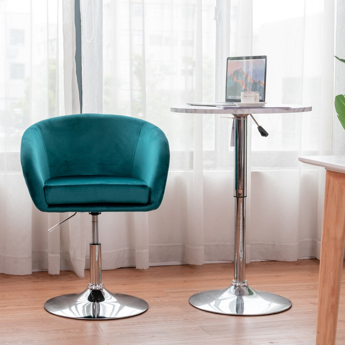 Silla de Bar de Terciopelo Giratoria Taburete de Ocio de Respaldo Ajustable en Altura con Esponja Elástica 61 x 52 x 72-86 cm-Verde