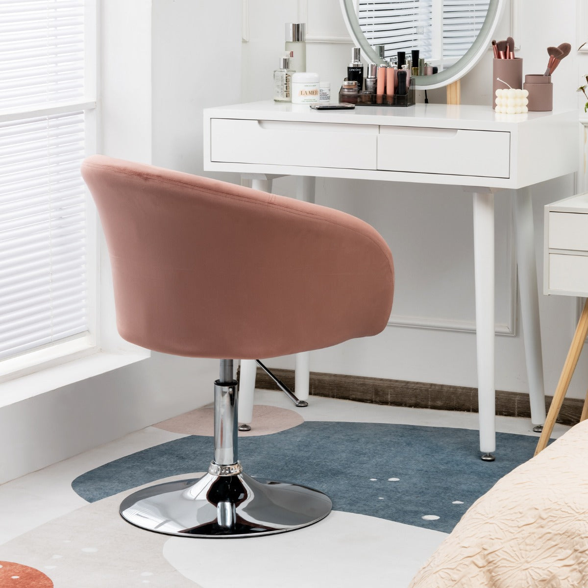 Silla de Bar de Terciopelo Giratoria Taburete de Ocio de Respaldo Ajustable en Altura con Esponja Elástica 61 x 52 x 72-86 cm-Rosa