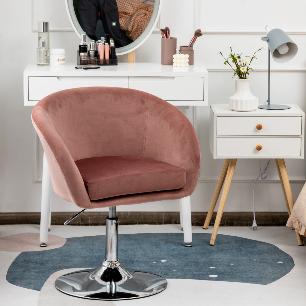 Silla de Bar de Terciopelo Giratoria Taburete de Ocio de Respaldo Ajustable en Altura con Esponja Elástica 61 x 52 x 72-86 cm-Rosa