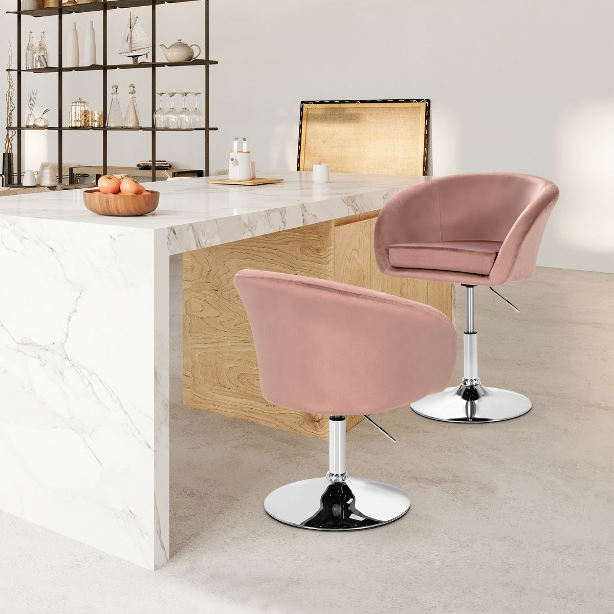 Silla de Bar de Terciopelo Giratoria Taburete de Ocio de Respaldo Ajustable en Altura con Esponja Elástica 61 x 52 x 72-86 cm-Rosa