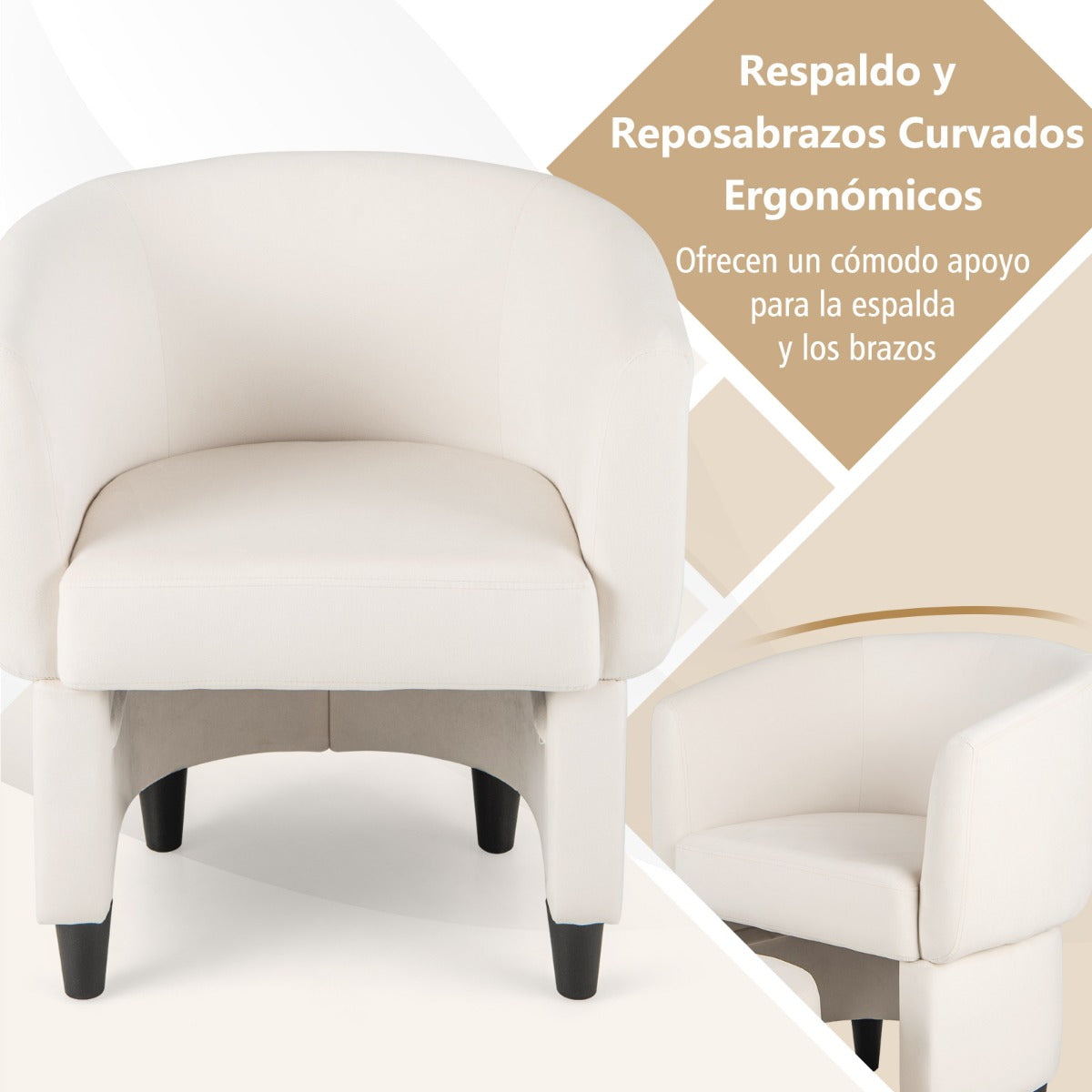 Silla de Barril Tapizada de Terciopelo con Otomana Reposapiés Estructura de Madera Maciza Almohadillas de Fieltro Antideslizantes Beige