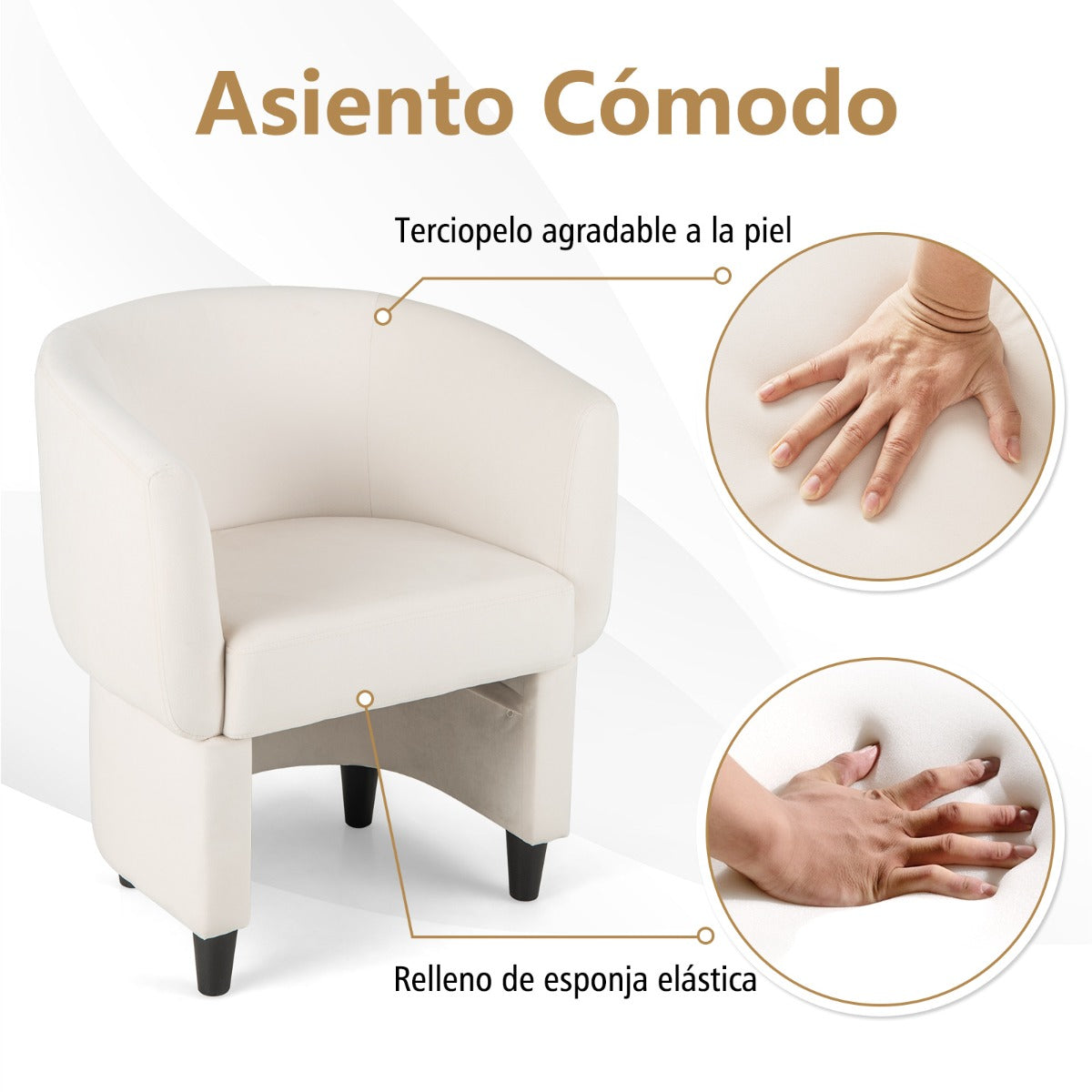 Silla de Barril Tapizada de Terciopelo con Otomana Reposapiés Estructura de Madera Maciza Almohadillas de Fieltro Antideslizantes Beige