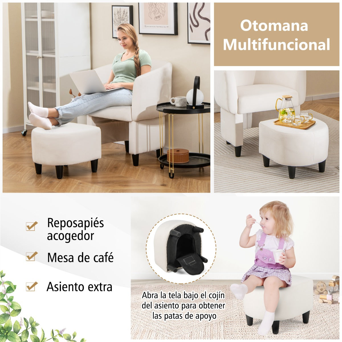 Silla de Barril Tapizada de Terciopelo con Otomana Reposapiés Estructura de Madera Maciza Almohadillas de Fieltro Antideslizantes Beige