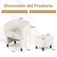 Silla de Barril Tapizada de Terciopelo con Otomana Reposapiés Estructura de Madera Maciza Almohadillas de Fieltro Antideslizantes Beige