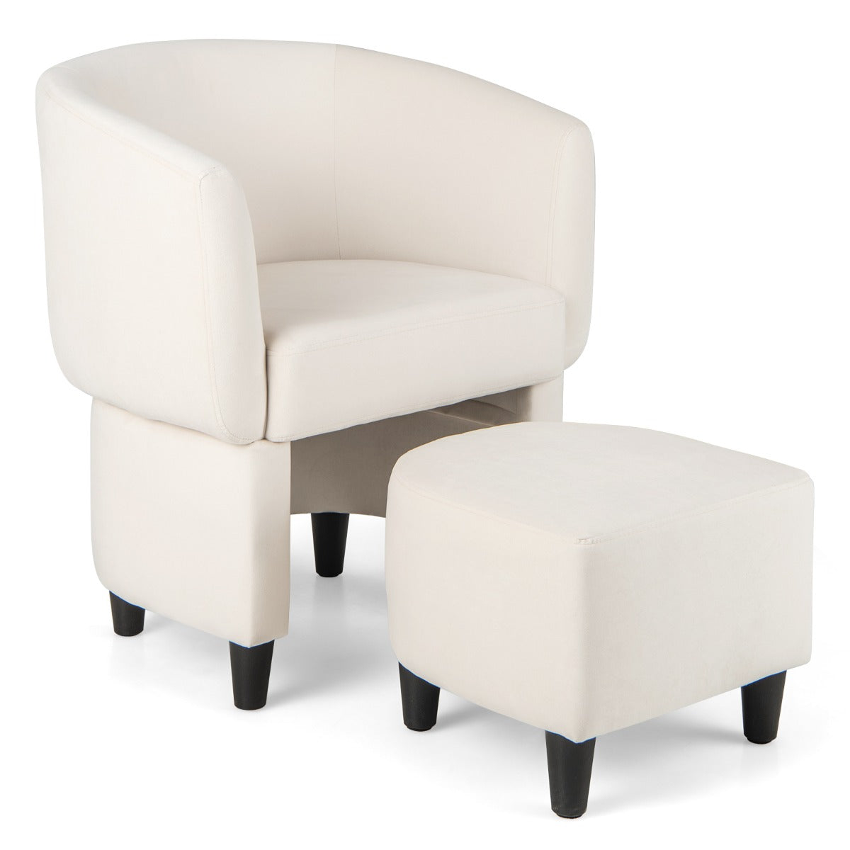 Silla de Barril Tapizada de Terciopelo con Otomana Reposapiés Estructura de Madera Maciza Almohadillas de Fieltro Antideslizantes Beige