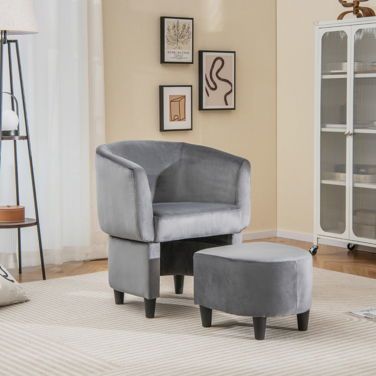 Silla de Barril Tapizada de Terciopelo con Otomana Reposapiés Estructura de Madera Maciza Almohadillas de Fieltro Antideslizantes Gris