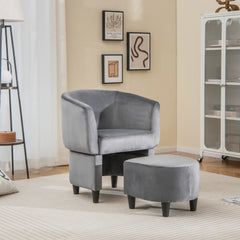 Silla de Barril Tapizada de Terciopelo con Otomana Reposapiés Estructura de Madera Maciza Almohadillas de Fieltro Antideslizantes Gris