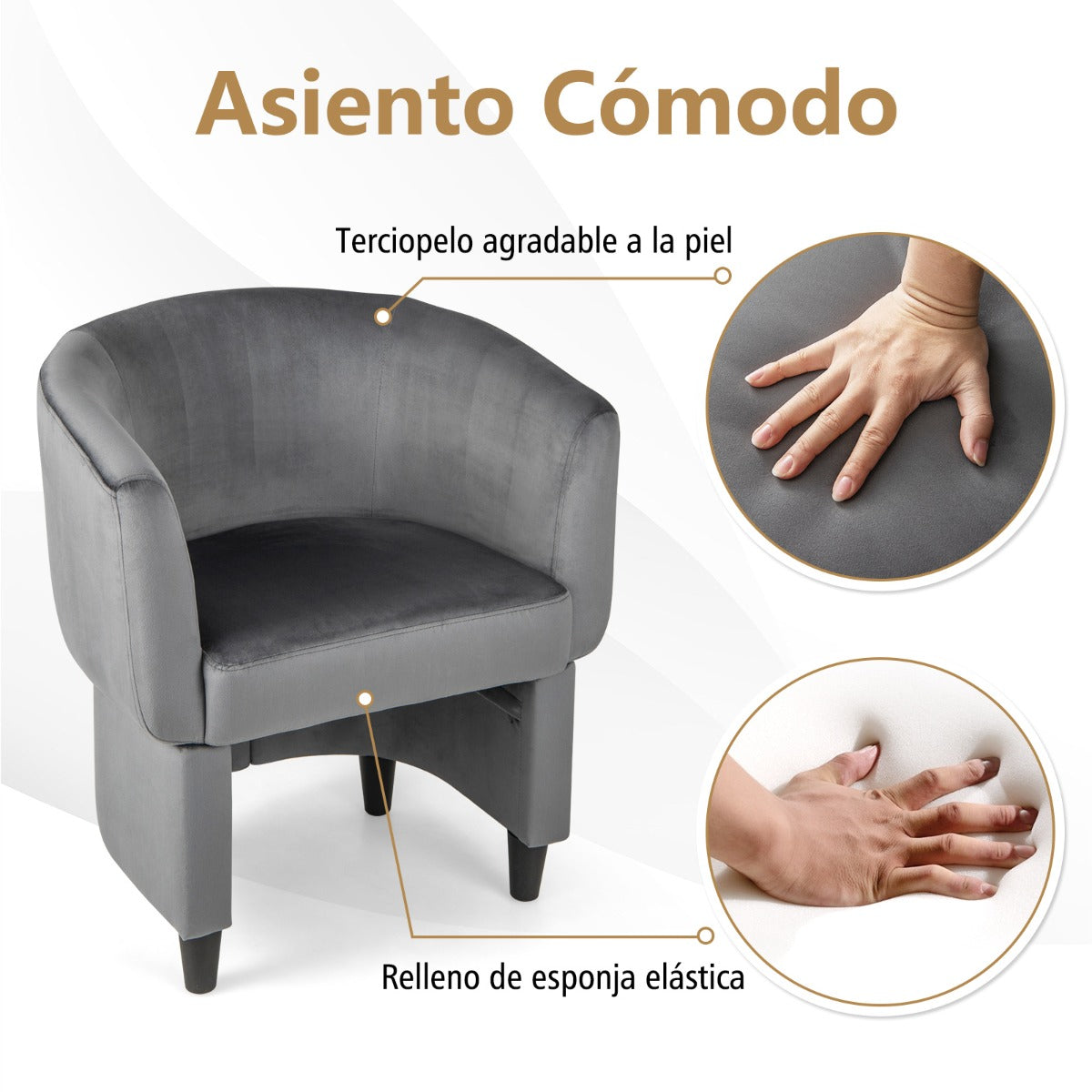 Silla de Barril Tapizada de Terciopelo con Otomana Reposapiés Estructura de Madera Maciza Almohadillas de Fieltro Antideslizantes Gris
