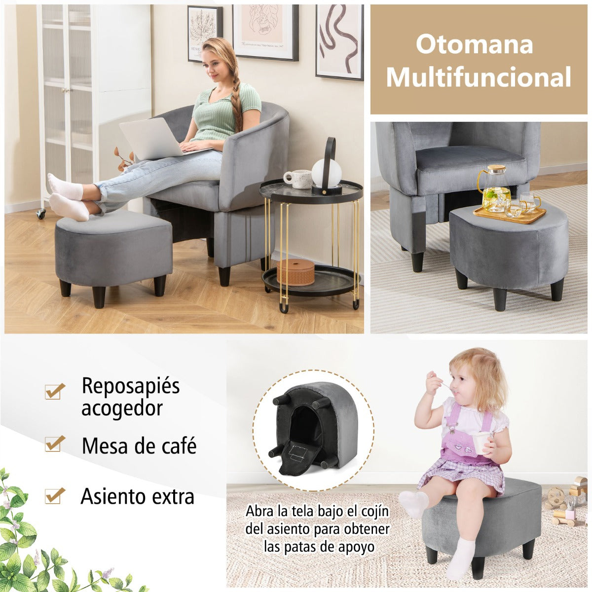 Silla de Barril Tapizada de Terciopelo con Otomana Reposapiés Estructura de Madera Maciza Almohadillas de Fieltro Antideslizantes Gris