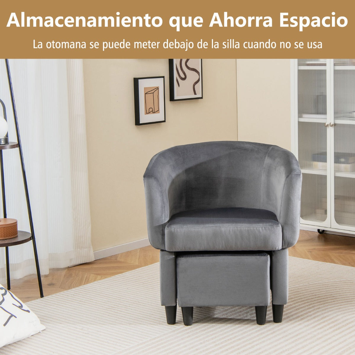 Silla de Barril Tapizada de Terciopelo con Otomana Reposapiés Estructura de Madera Maciza Almohadillas de Fieltro Antideslizantes Gris