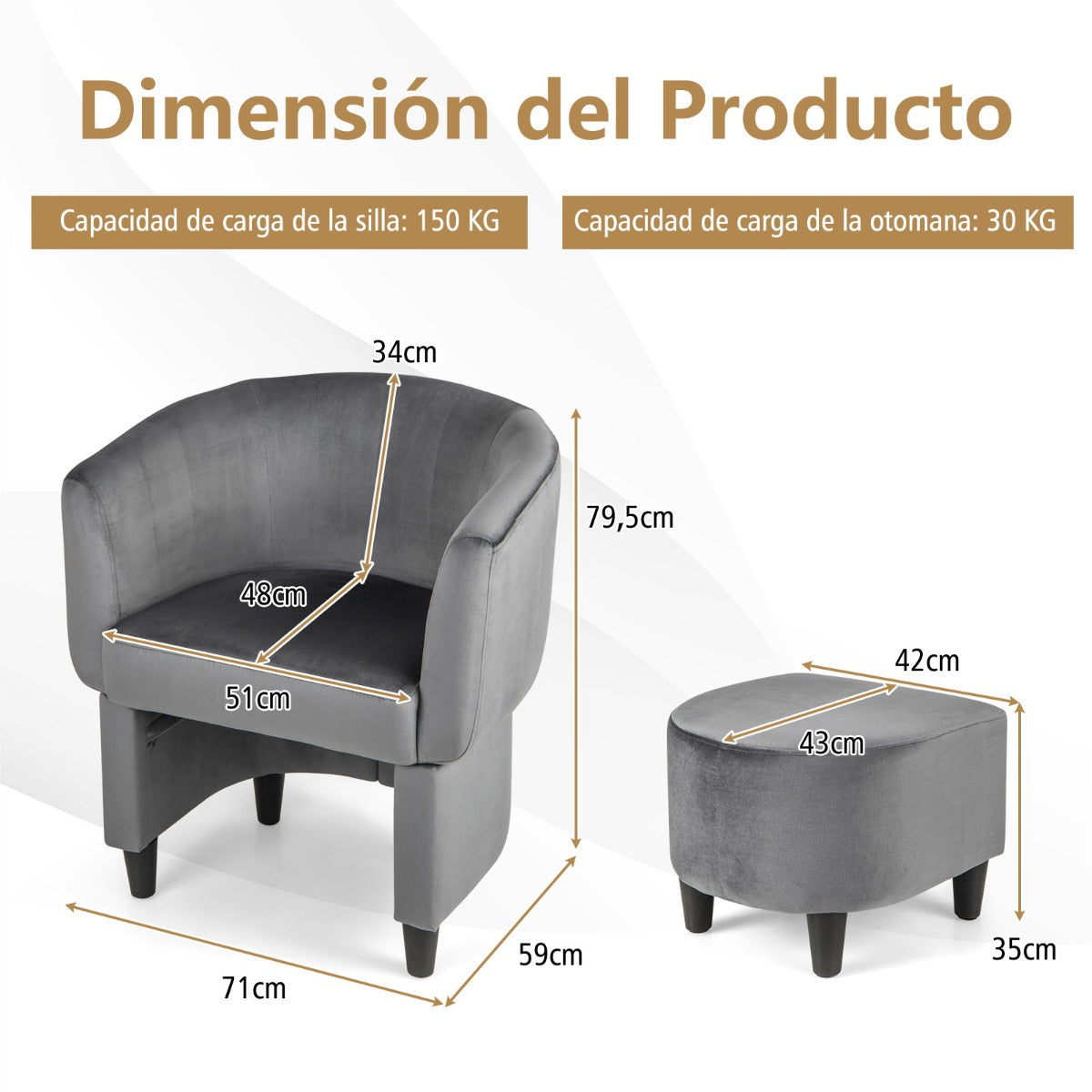 Silla de Barril Tapizada de Terciopelo con Otomana Reposapiés Estructura de Madera Maciza Almohadillas de Fieltro Antideslizantes Gris