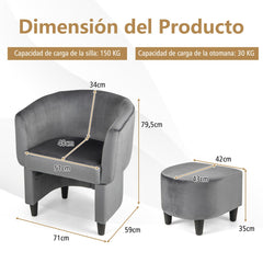 Silla de Barril Tapizada de Terciopelo con Otomana Reposapiés Estructura de Madera Maciza Almohadillas de Fieltro Antideslizantes Gris
