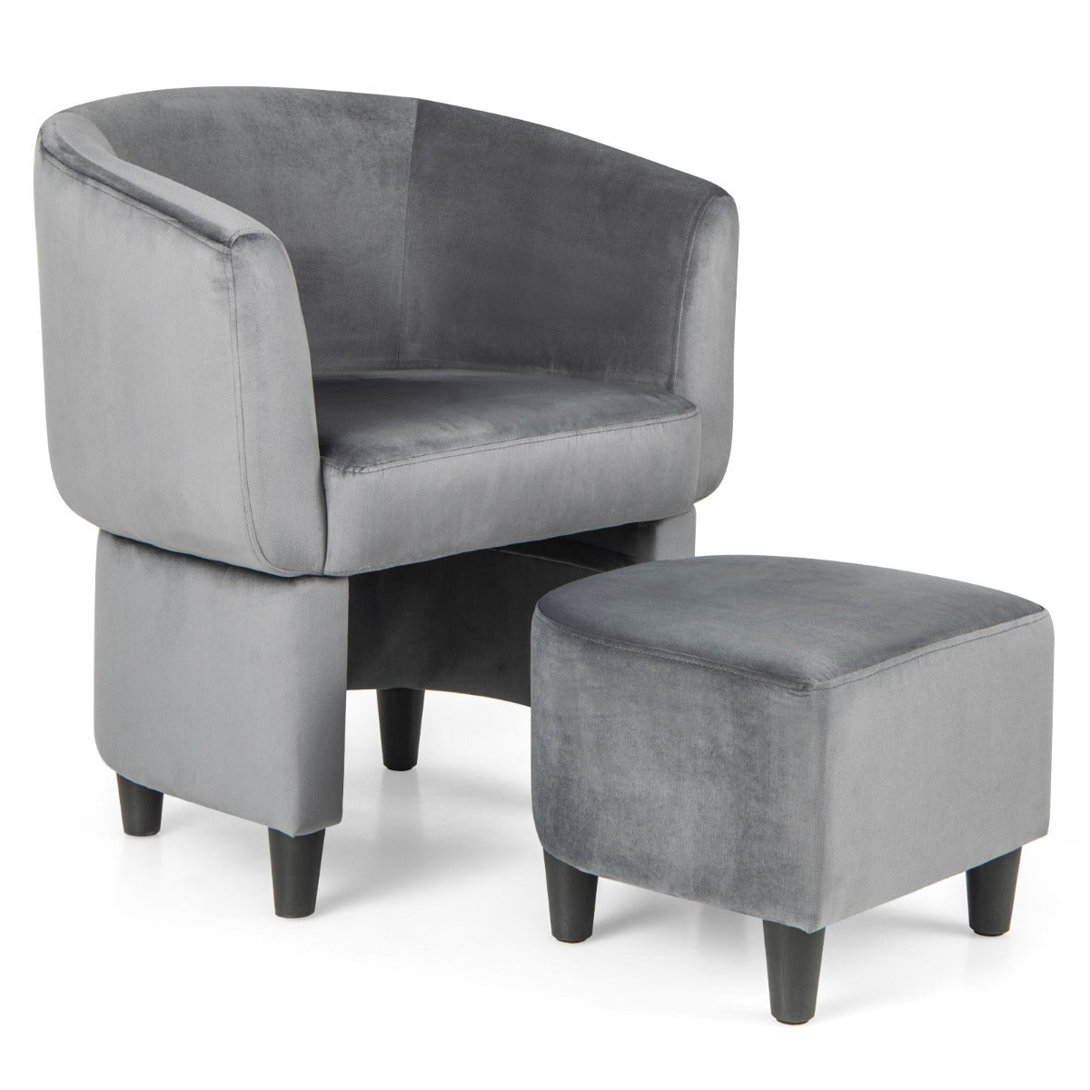 Silla de Barril Tapizada de Terciopelo con Otomana Reposapiés Estructura de Madera Maciza Almohadillas de Fieltro Antideslizantes Gris