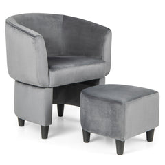 Silla de Barril Tapizada de Terciopelo con Otomana Reposapiés Estructura de Madera Maciza Almohadillas de Fieltro Antideslizantes Gris