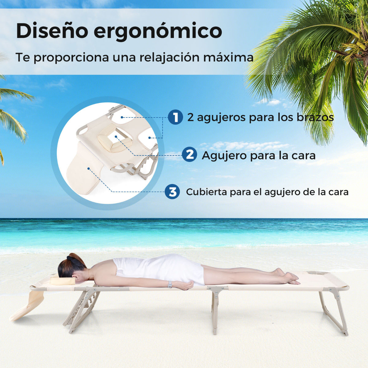 Silla de Bronceado con Orificios para la Cara y los Brazos Silla de Playa Plegable con Respaldo y Reposapiés Ajustables Silla de Salón Beige