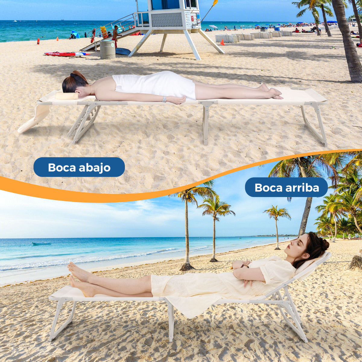 Silla de Bronceado con Orificios para la Cara y los Brazos Silla de Playa Plegable con Respaldo y Reposapiés Ajustables Silla de Salón Beige