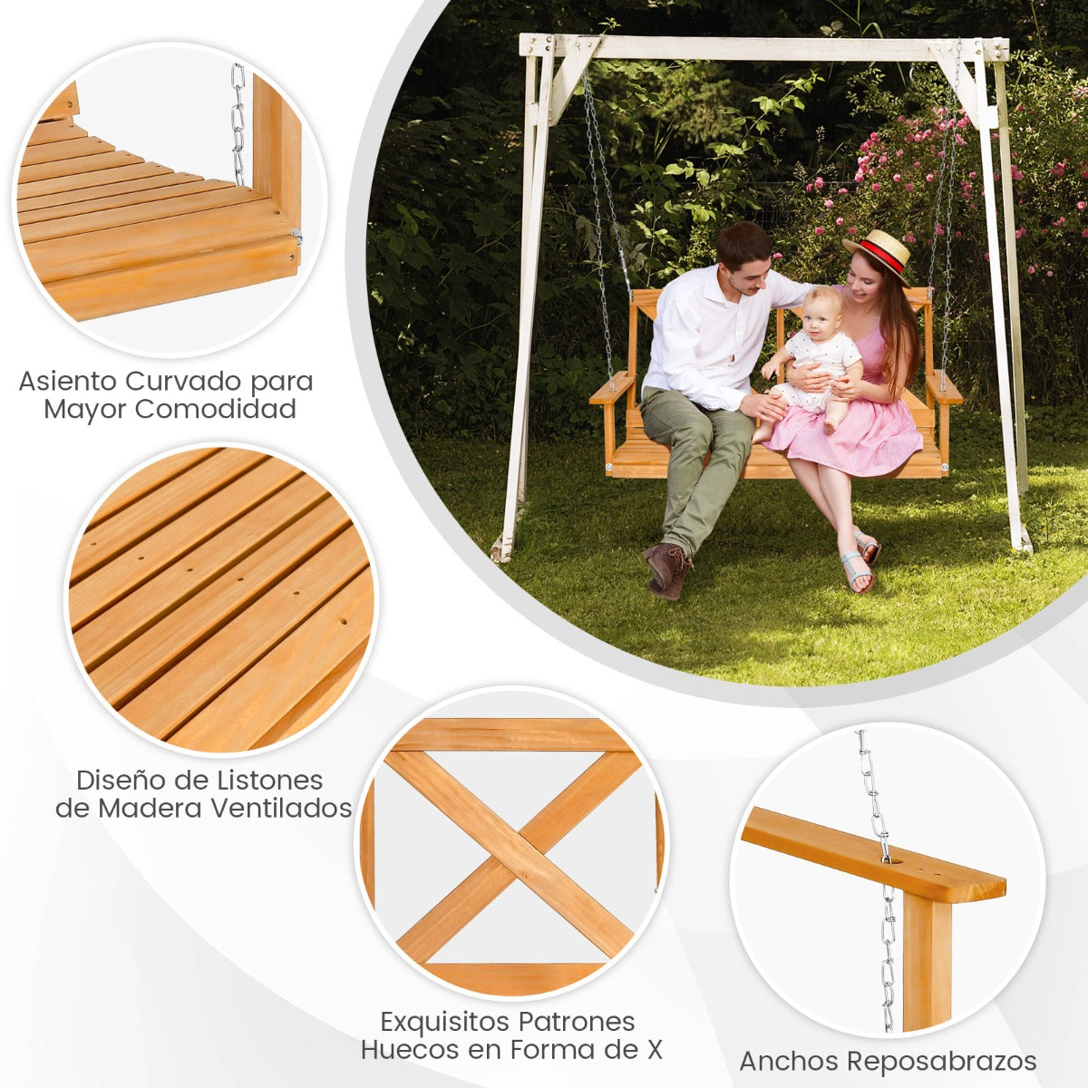 Banco de Columpio de Madera de 2 Plazas con Cadenas Ajustables para Jardín Terraza y Balcón Carga 240kg 134 x 60 x 65 cm Natural
