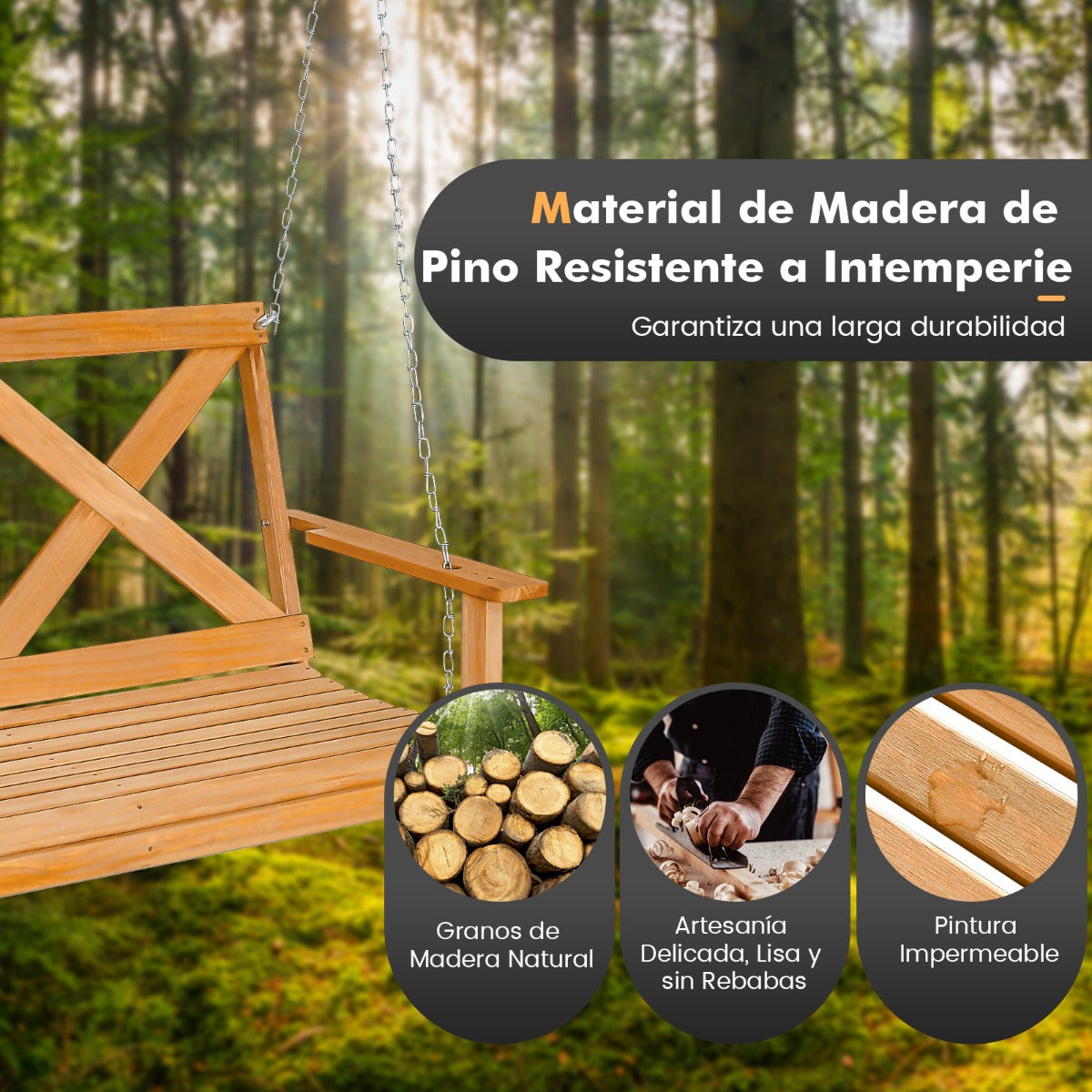 Banco de Columpio de Madera de 2 Plazas con Cadenas Ajustables para Jardín Terraza y Balcón Carga 240kg 134 x 60 x 65 cm Natural
