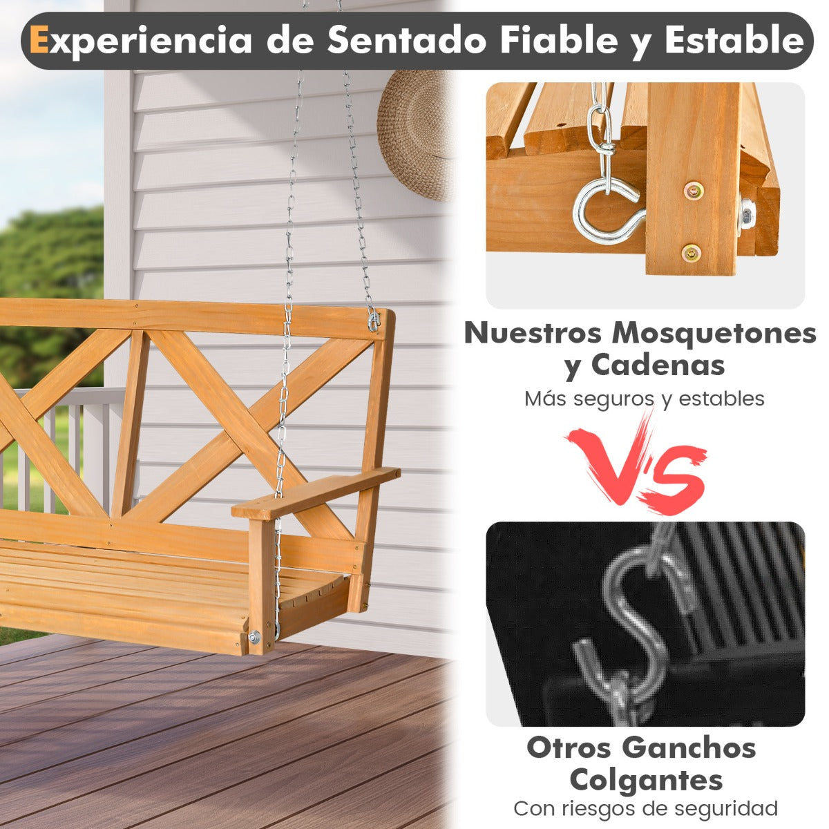 Banco de Columpio de Madera de 2 Plazas con Cadenas Ajustables para Jardín Terraza y Balcón Carga 240kg 134 x 60 x 65 cm Natural