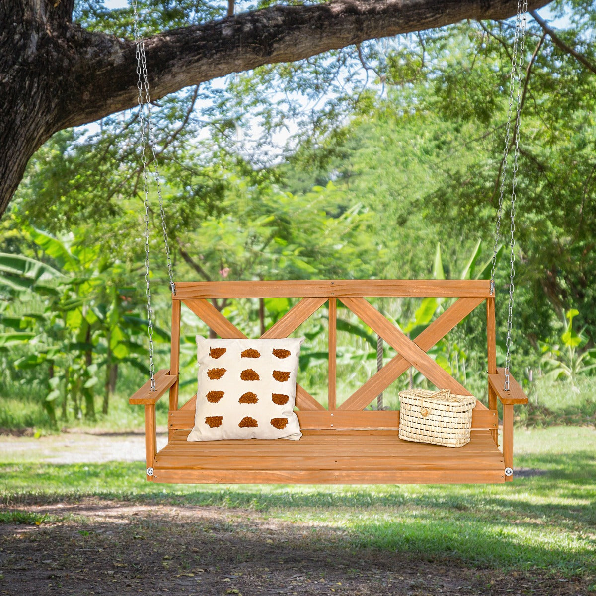 Banco de Columpio de Madera de 2 Plazas con Cadenas Ajustables para Jardín Terraza y Balcón Carga 240kg 134 x 60 x 65 cm Natural