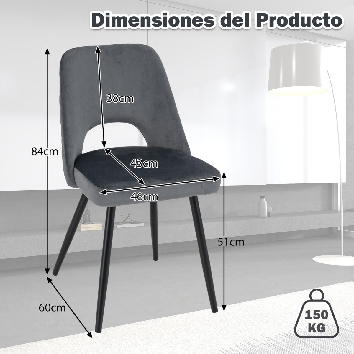 Juego de 2 Sillas de Comedor Silla Tapizada con Cojín de Espuma Patas Metálicas Resistentes Almohadillas Silla de Acento para Cocina Gris